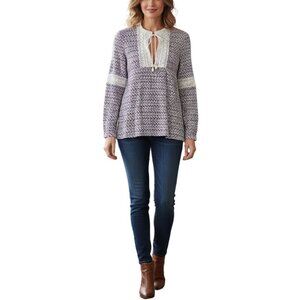 Tory Burch Purple & White Cotton Print with Lace Tunic Top Size 10